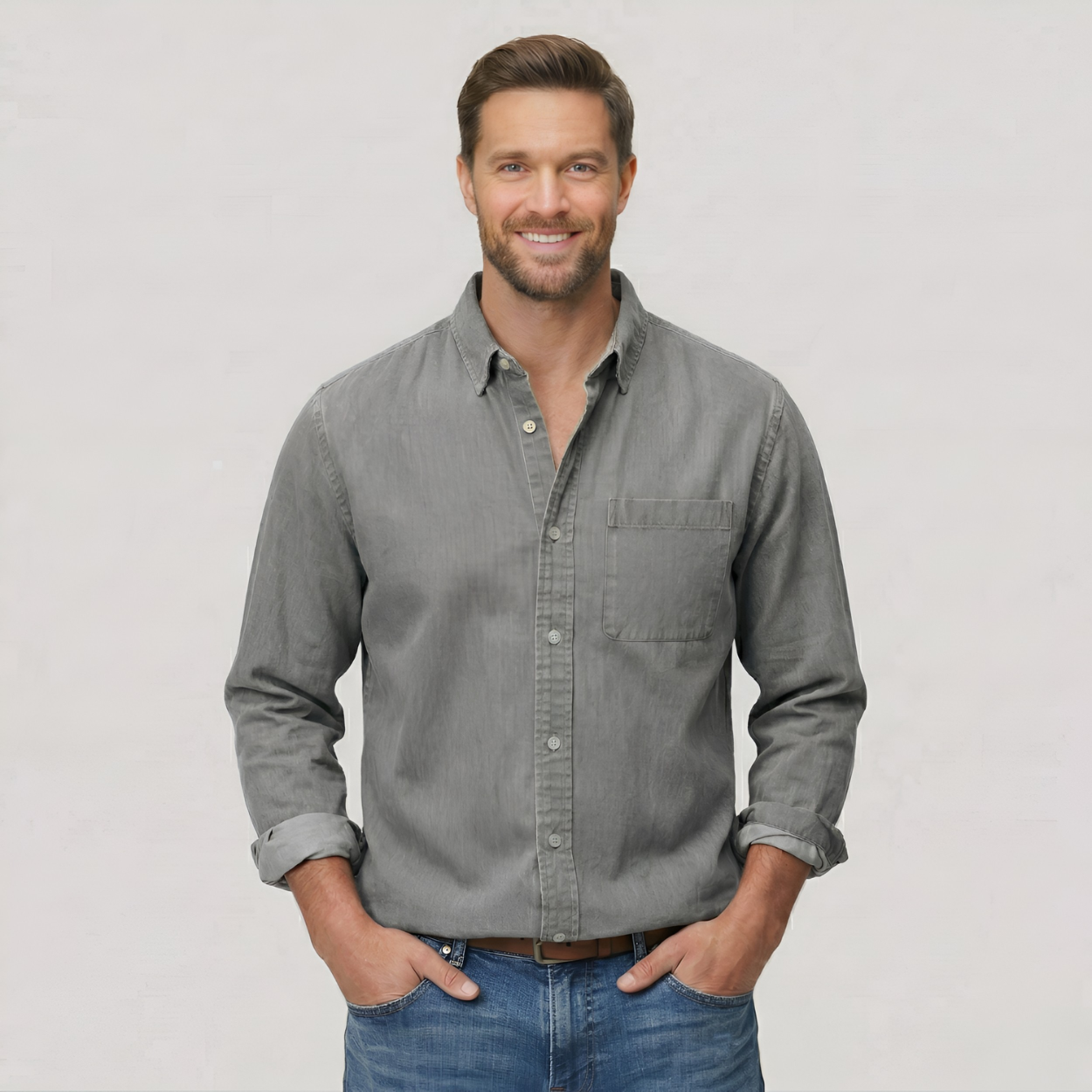Man wearing a gray button-up shirt and blue jeans against a plain background