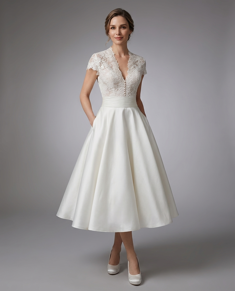 Women's Lace V-Neck Midi Wedding Dress