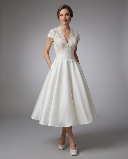 Women's Lace V-Neck Midi Wedding Dress
