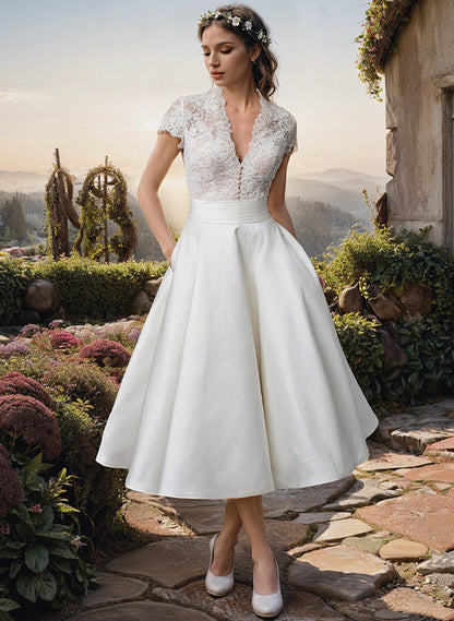 Women's Lace V-Neck Midi Wedding Dress