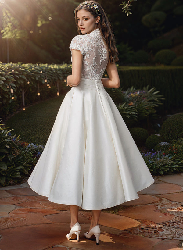 Women's Lace V-Neck Midi Wedding Dress